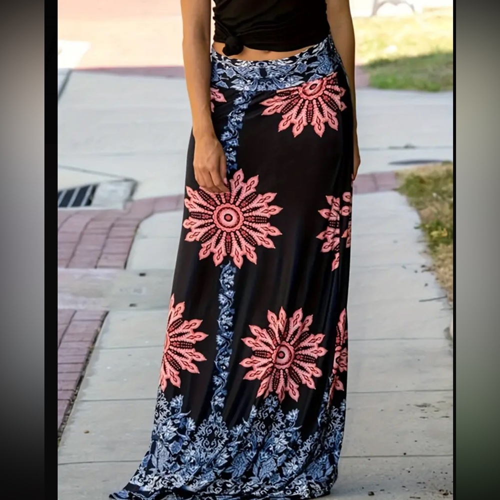 Floral Black and Pink Maxi Skirt